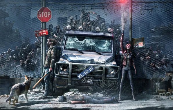 Picture Girl, Night, Monsters, The fence, Machine, Grille, Guy, Car