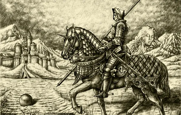 Horse, figure, graphics, armor, rider, fortress, the middle ages, Knight