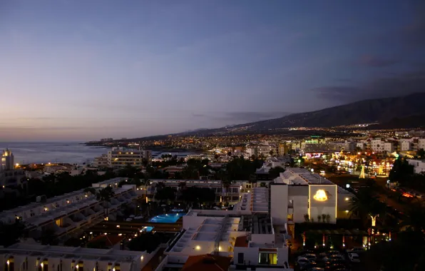 Picture sea, mountains, home, the evening, pool, the hotel, Spain, night