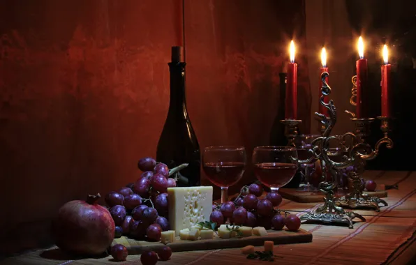 Lights, table, mood, wine, candles, cheese, glasses, grapes