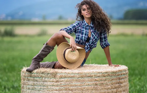 Field, look, girl, landscape, shorts, portrait, hat, boots