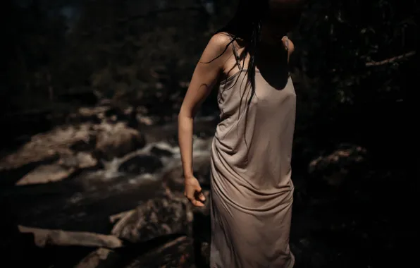 Forest, woman, waterfall