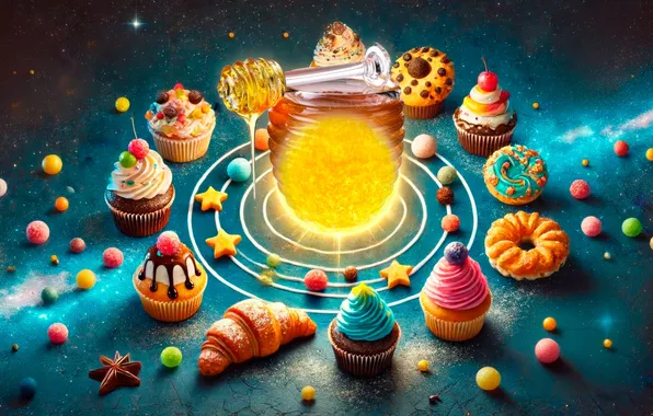 Picture honey, sweets, cupcakes, growing, ai art