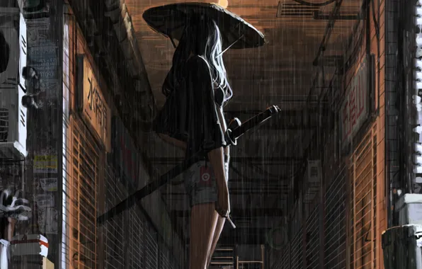 Picture girl, weapons, rain, back, Japan, art