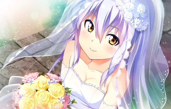 Grass, pond, bouquet, pavers, neckline, the bride, veil, art