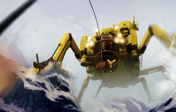 Snow, mountains, people, robot, spider, paws, cabin, module