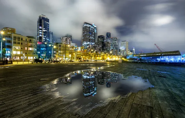 Picture the city, lights, reflection, Board, morning, puddle, USA, the gray sky