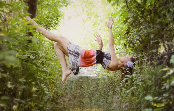 Picture forest, girl, trees, path, the bushes, in the air, levitation, hung