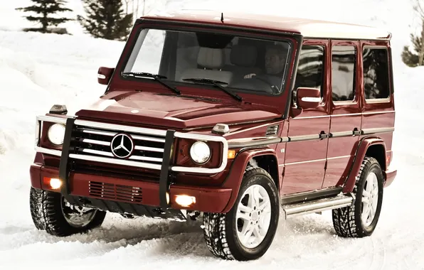 Snow, red, jeep, mercedes-benz, Mercedes, the front, amg, g
