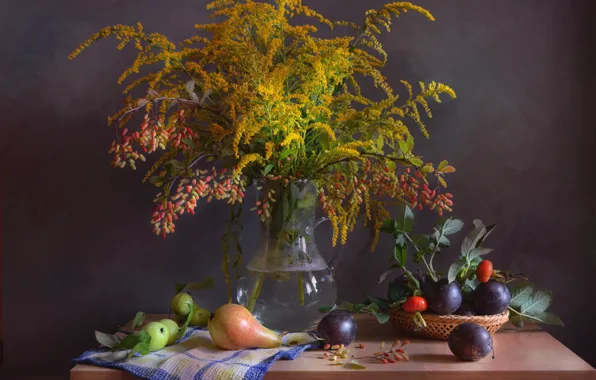 Autumn, bouquet, briar, still life, plum, pear