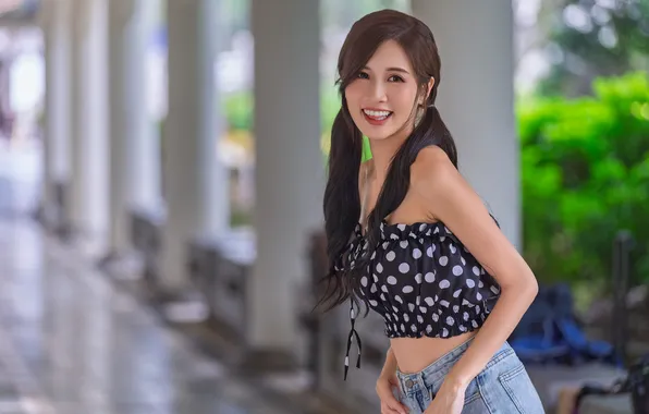 Look, girl, pose, smile, shorts, hands, brunette, top