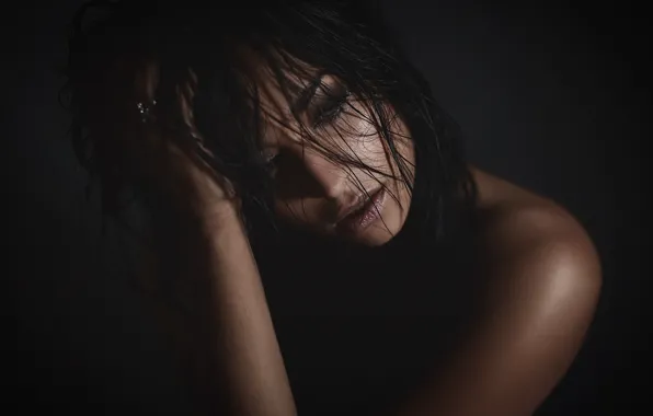 Picture girl, portrait, makeup, brunette, hairstyle, beauty, black background, Alex Heitz