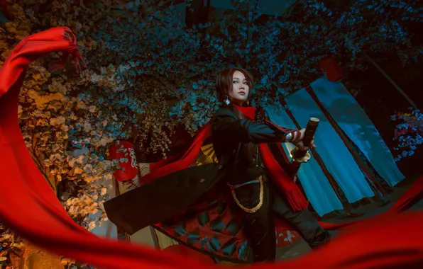 Girl, face, style, background, sword, the evening, costume