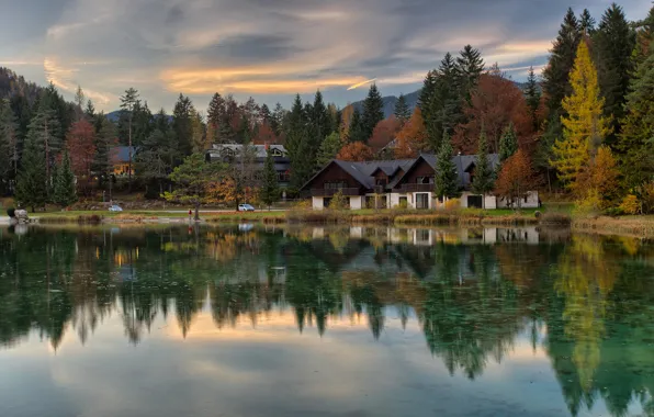 Autumn, forest, the sky, clouds, trees, landscape, lake, reflection