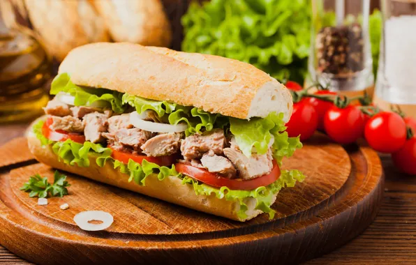 Food, bow, meat, sandwich, lettuce, cutting Board, tomatoes-cherry