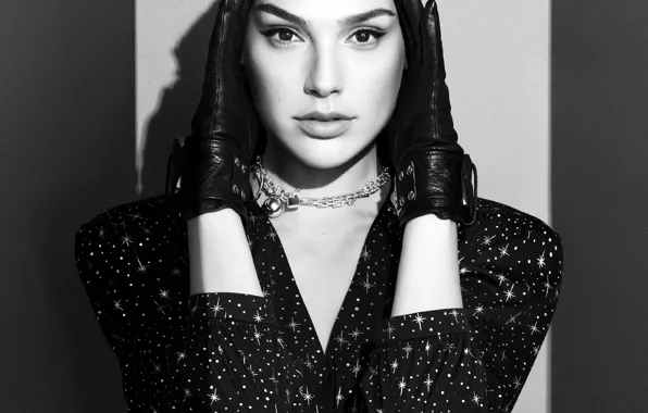 Portrait, makeup, dress, actress, hairstyle, gloves, black and white, beauty