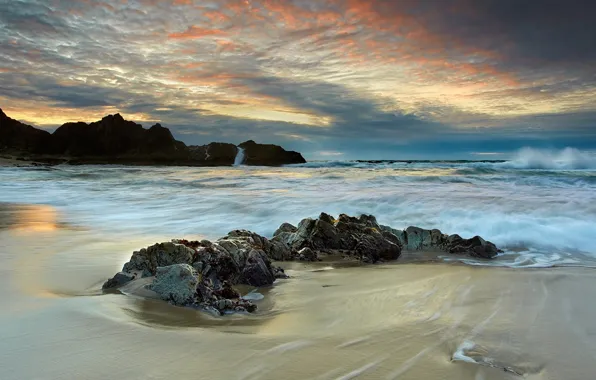 Picture sea, wave, sunset, clouds, stones, rocks, coast