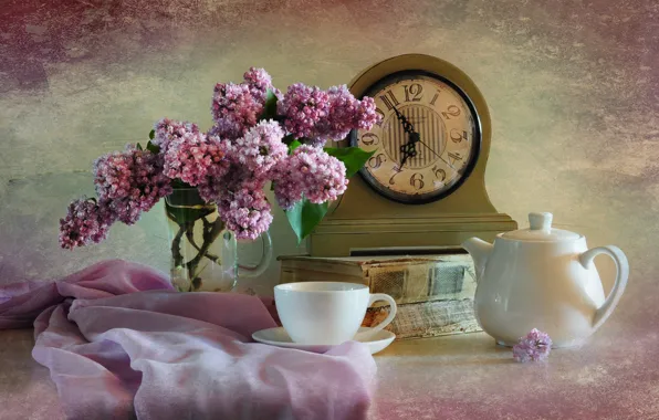 Picture watch, Cup, book, still life, lilac