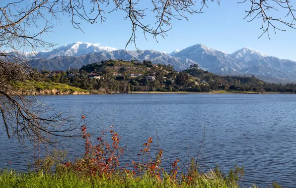 Picture the sky, grass, the sun, trees, mountains, branches, lake, hills