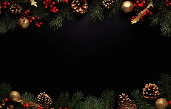 Balls, branches, berries, the dark background, fruit, Christmas, New year, black background