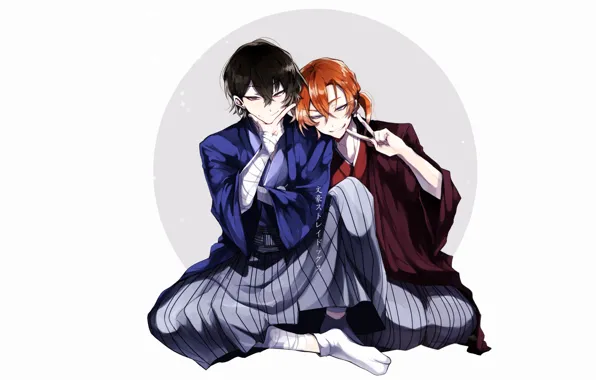 Guys, two, smile, Bungou Stray Dogs, Stray Dogs: A Literary Genius, Nakahara Chuuya, Dazai Osamu