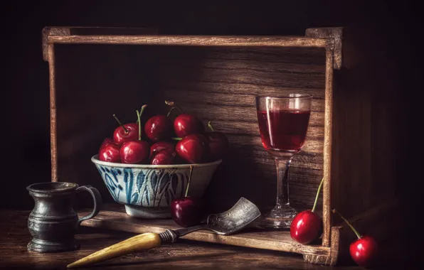 Picture cherry, style, wine, glass, still life, box, blade, a glass of wine
