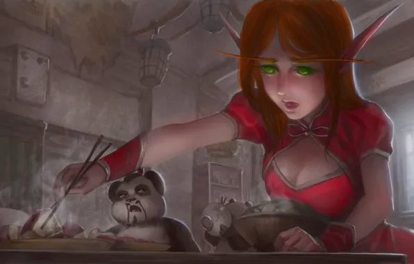 Art, World of Warcraft, meal, the blood elf, Pandaren