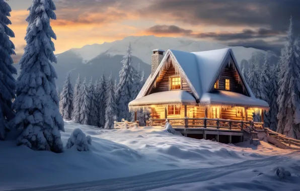Winter, forest, snow, mountains, night, nature, house, house
