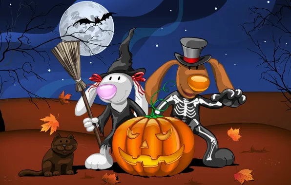 Picture cat, leaves, night, animals, tree, the moon, art, skeleton