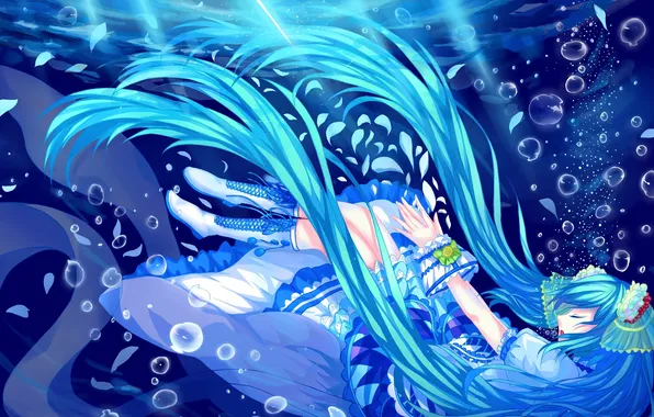Girl, bubbles, petals, art, vocaloid, hatsune miku, under water, Vocaloid