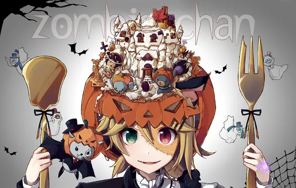 Picture girl, holiday, anime, art, pumpkin, guy, broom, vocaloid
