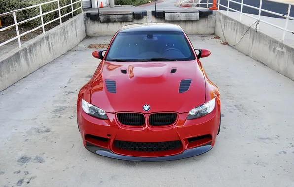 Red, tuning, bmw, BMW, the fence, red, the bushes, the front