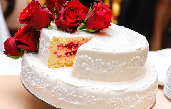 Flowers, food, roses, cake, red, dessert, glaze, wedding