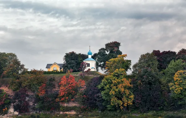 Picture trees, clouds, Church