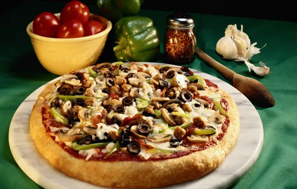 Mushrooms, food, food, pepper, pizza, tomatoes, delicious, olives
