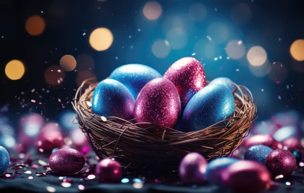 Lights, the dark background, holiday, bright, Shine, eggs, spring, sequins