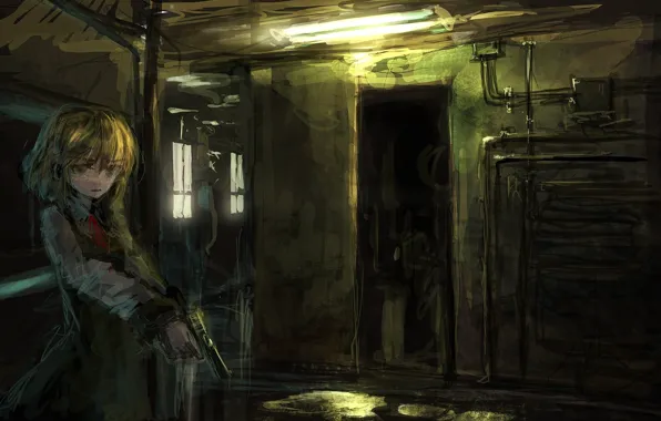 Pipe, gun, corridor, baby, the room, art, lm7