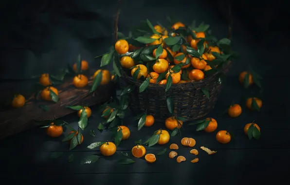 Leaves, basket, still life, citrus, tangerines