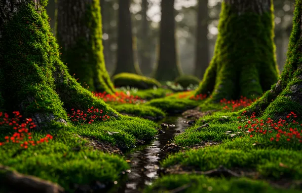 Trees, stream, Wallpaper, moss, art, wallpaper, trees, art