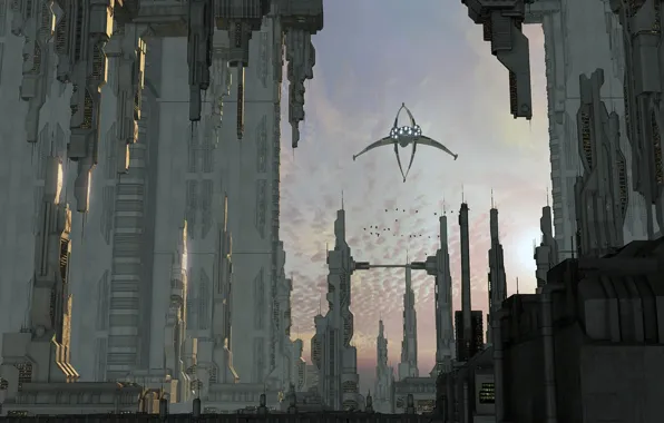 Picture sky, clouds, spaceship, Towers, Shadow City