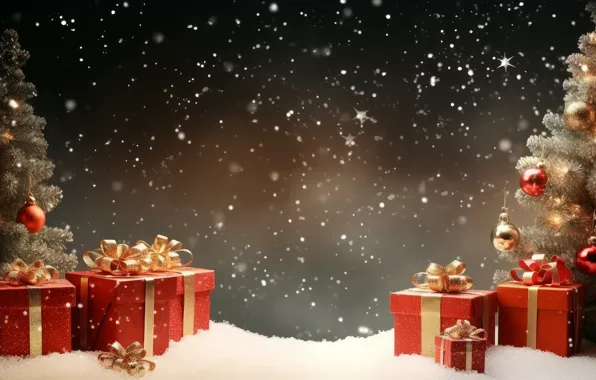 Winter, balls, snow, night, the dark background, Christmas, the snow, gifts
