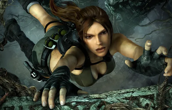 Picture jump, the game, gloves, Tomb Raider, lara croft, the ledge, clings