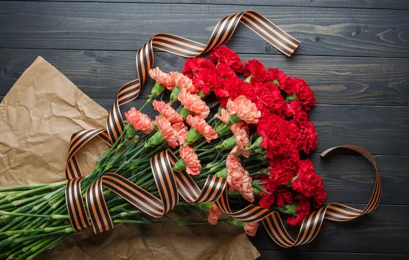 Flowers, bouquet, St. George ribbon, red, May 9, flowers, clove, Victory Day