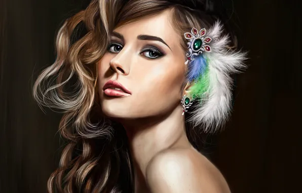 Picture look, girl, decoration, face, hair, feathers, makeup, art