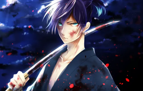 Picture the sky, clouds, night, weapons, the moon, blood, katana, anime