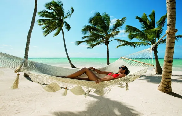 Sand, beach, palm trees, the ocean, hammock