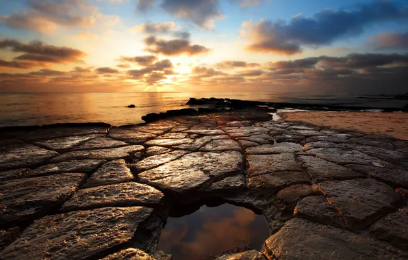 Sea, landscape, sunset, stones