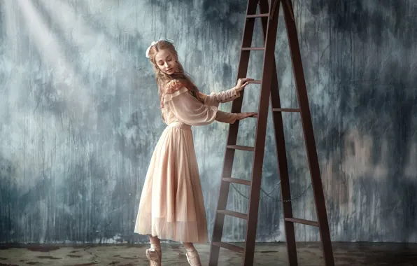 Girl, pose, photo, hair, dress, ladder, ballerina, Pointe shoes