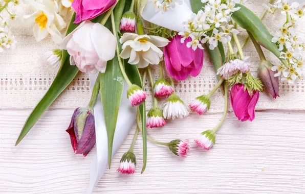 Picture flowers, bouquet, spring, colorful, tulips, buds, wood, pink