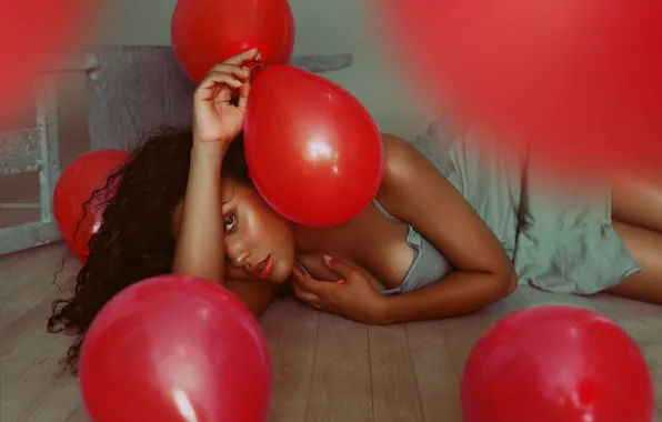 Picture look, girl, pose, mood, balls, red, on the floor, balloons